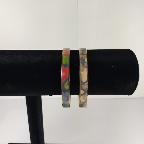 J. Crew Abstract Pattern Enamel Bangle Bracelet Set 2 Stackable Gold Tone Modern - Picture 1 of 10